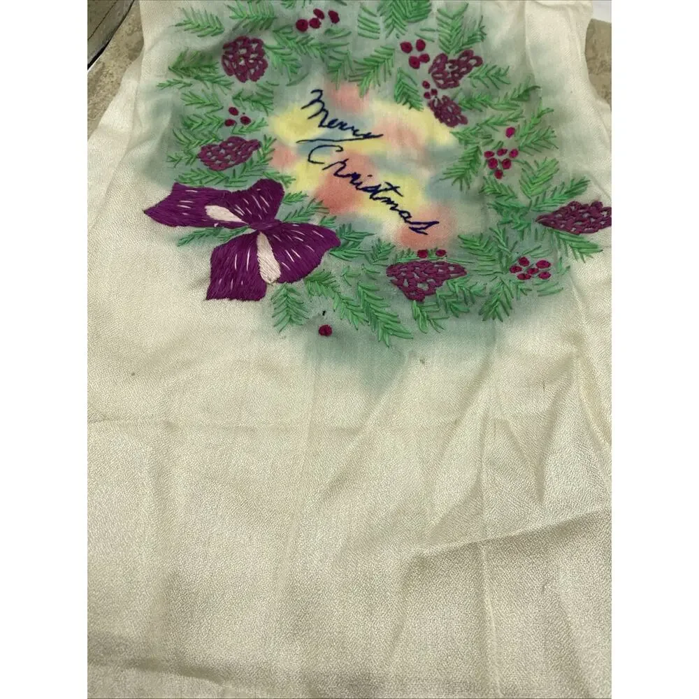 Antique Handmade Embroidered Christmas Scarf 27”X 27” Multicolored